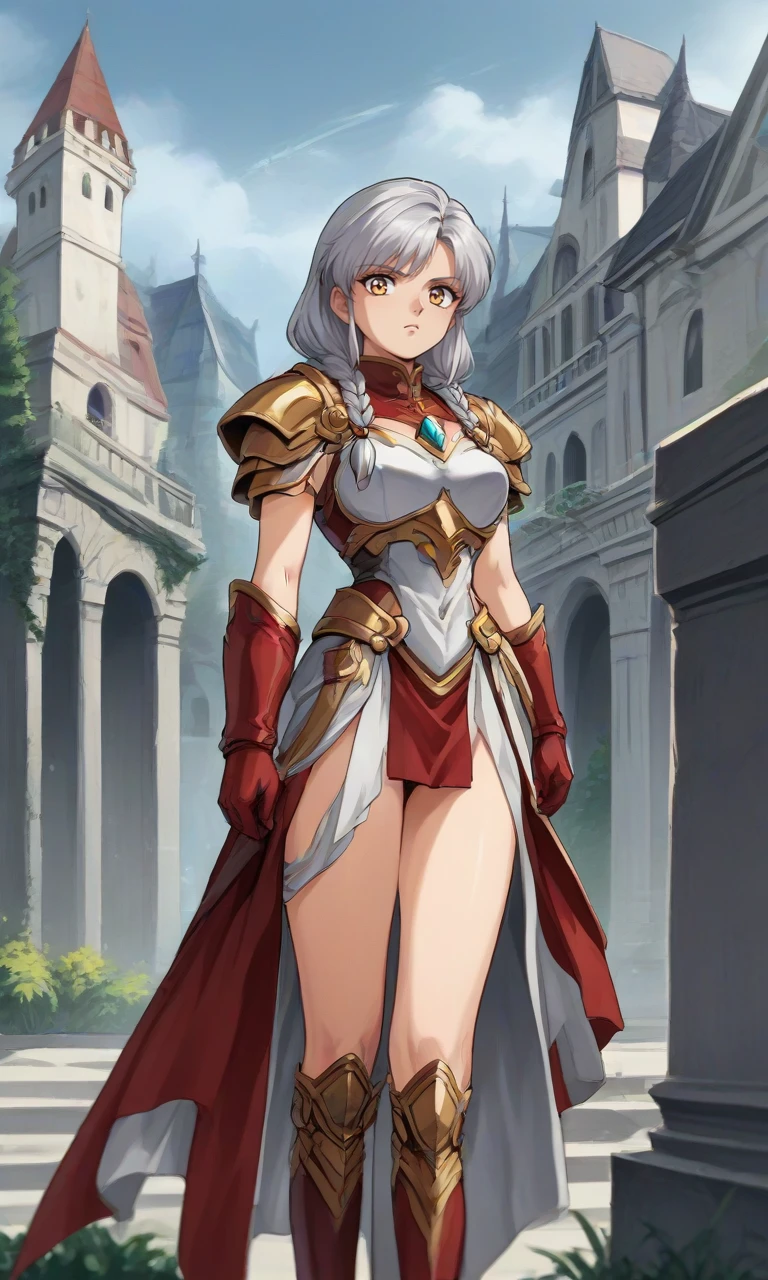 score_9, score_8_up, score_7_up, score_6_up, score_5_up, score_4_up, source_anime, BREAK, 1girl, silver hair, long hair, twin braids, swept bangs, yellow eyes, (leg armor:1.1), white armor, jewelry, chest jewel, red gloves, standing, serious, sword, outdoors, castle, architecture, european architecture, retro artstyle, <lora:PonyOldSchoolV2-08:1>