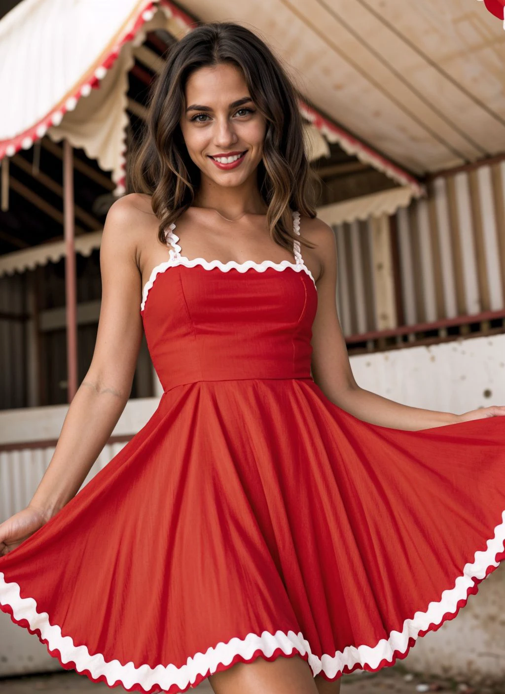 abandoned carnival, photo of slim woman, wearing red wavy stripe sun dress, <lora:CrunchyBanana_Wavy_Stripe_Sun_Dress:0.9>, subtle smile