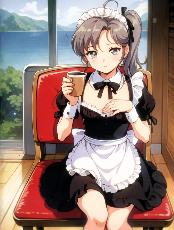 , chair, sitting, coffee, cafe, 1980s \(style\) - 80s , retro artstyle, <lora:Sonshitsuv2:0.5> sonshitsu,1 girl, grey hair, grey eyes, ahoge, side ponytail, maid , chest ribbon, chibi, hand up,