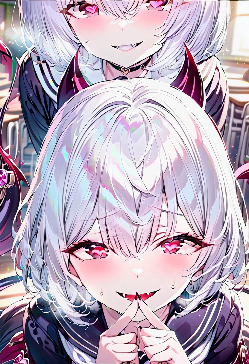 <lora:detail_fingers:1.6>,
(twin girls, anime style, top down, classroom, blurred background), (school sailor uniform, hand on lips, empty eyes, short hair, evil smile, fangs, devil's tails:1.15), (heart-shaped pupils, heart-shaped pupils:1.4),
(detai_fingers:1.3), (detailed beautiful girls:1.3),
(stunning quality, excellent quality, masterpiece, clear work, detailed work, meticulous work:1.45),