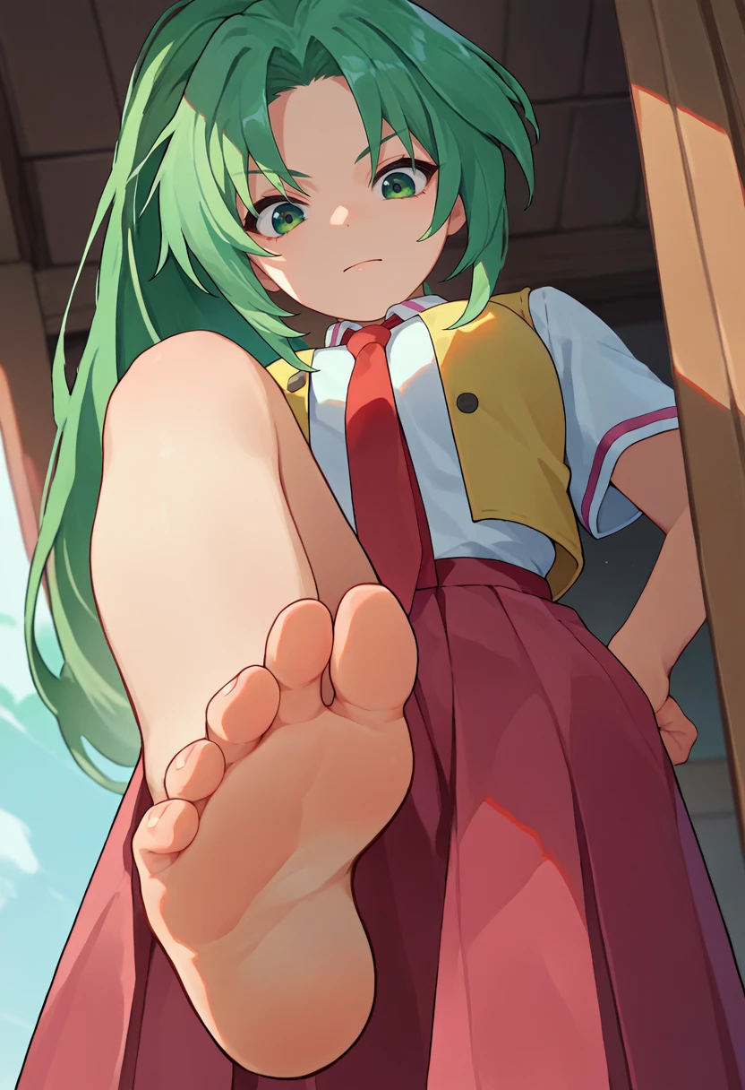 score_9, score_8_up, score_7_up, source_anime,  1girl, feet, from below, pov,   <lora:Stepped on PXL-000014:1>   <lora:MionCAME2:1> Mion Sonozaki, green eyes, ponytail, green hair, white shirt, red necktie, yellow vest, red skirt,