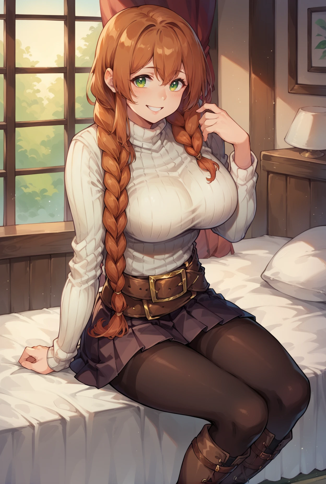 score_9, score_8_up, score_7_up, springhn,  1girl,  green eyes, auburn hair, <lora:springfield-pdxl:0.9>,large breasts, smile, white sweater, ribbed sweater, brown pleated skirt, black pantyhose, knee boots, brown belt, single braid, hair over shoulder,