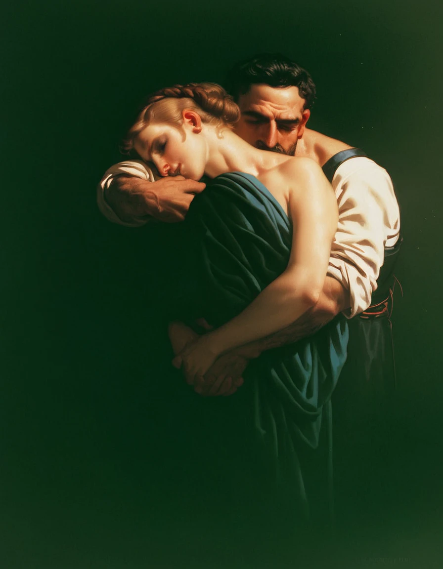 score_9, score_8_up, score_7_up, score_6_up, score_5_up, score_4_up, bouguereau, a woman and a man, embrace, caress, dark background,