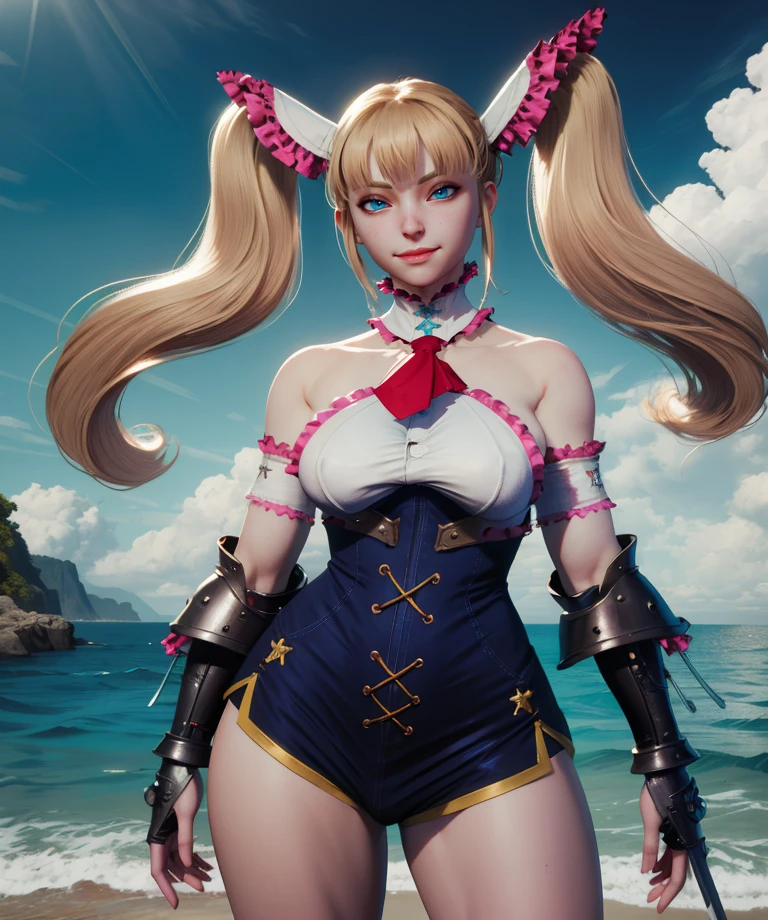 Alice,blue eyes,blonde hair,twintails,hair ornament,
white top,neck accessorie,bare shoulders,detached sleeves,gauntlets,blue hot pants,
standing,upper body,light smile,
docks,ocean,
(insanely detailed, masterpiece, best quality),<lora:Alice:0.8>,