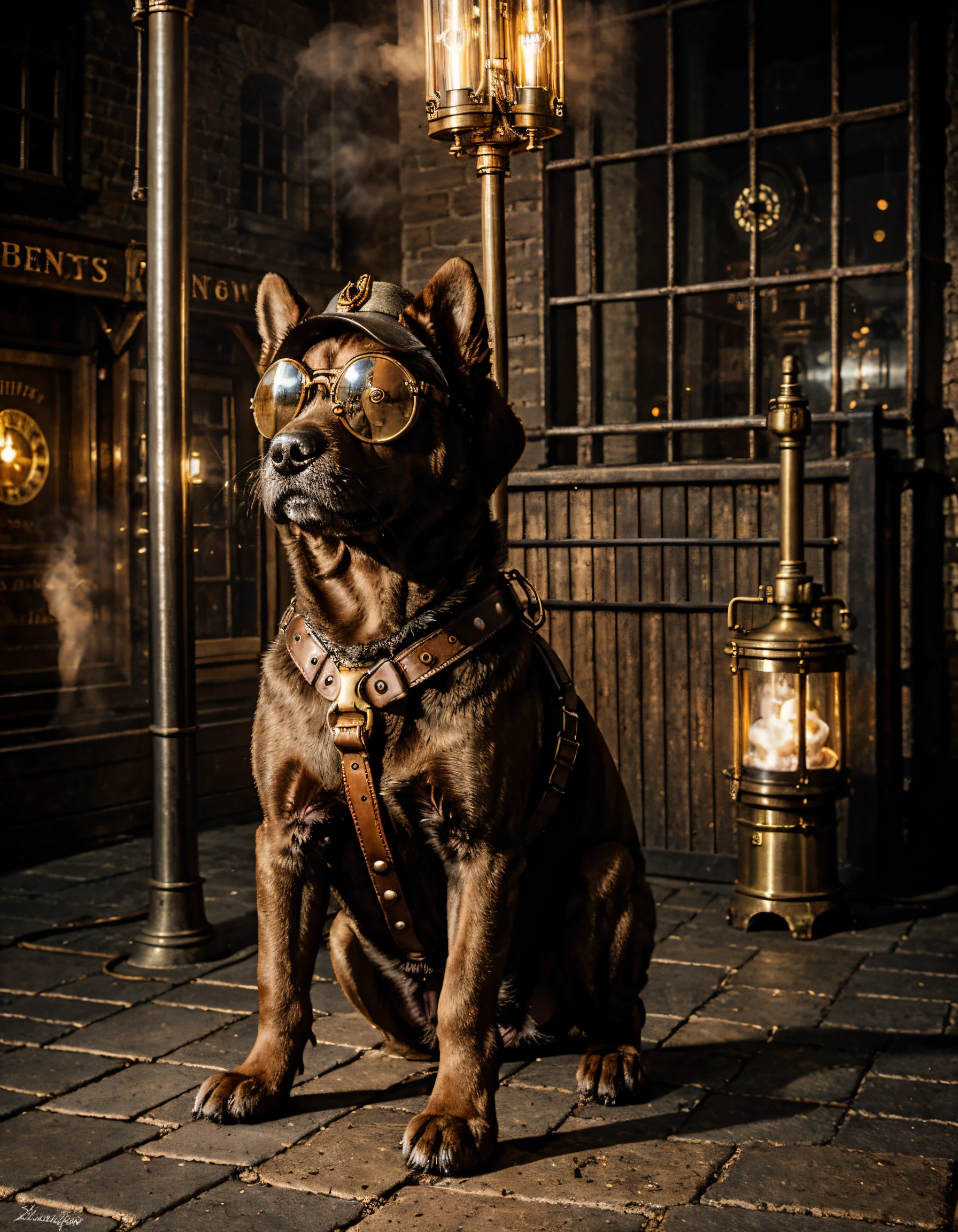 steampunk puppy with brass gears embedded in its fur, wearing aviator goggles and a leather harness. Puppy is sitting on a cogwheel, with steam rising in the background. Cobblestone streets with vintage lampposts surround the puppy. Soft, warm lighting casts a golden glow, enhancing the metallic tones. Digital illustration, Detailed and intricate, Warm and inviting hues of brass, copper, and brown  <lora:detailed_notrigger:0.5>  <lora:picxer_bside:0.8>  <lora:more_details:-0.1>  <lora:InstantPhotoX3:0.4>