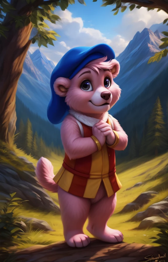 CubbiGummiCartoon  <lora:CubbiGummiCartoon:0.75>  Blue hat, feather on hat with button, Red-yellow blouse,, pink wool, chibi, baby, child, bear smal tail, without pants,
[Forest, path, trees, sky clouds, mountains,] textured fur, solo,  looking at viewer, to his full height,  boy male,  wristband on the tail,
by silgiriya mantsugosi, [[detailed Chunie lighting ]], [by personalami0.2], by cynicalstarr,