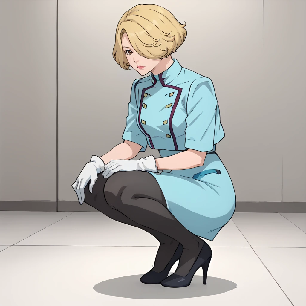 <lora:MaceFlowerXLpony001>,
solo,
MaceFlower,1girl,blonde hair,short hair,hair over one eye,brown eyes,
uniform,dress,blue jacket,cropped jacket,
white gloves,
tight skirt,blue skirt,black pantyhose,
high_heels,
full body,squatting,