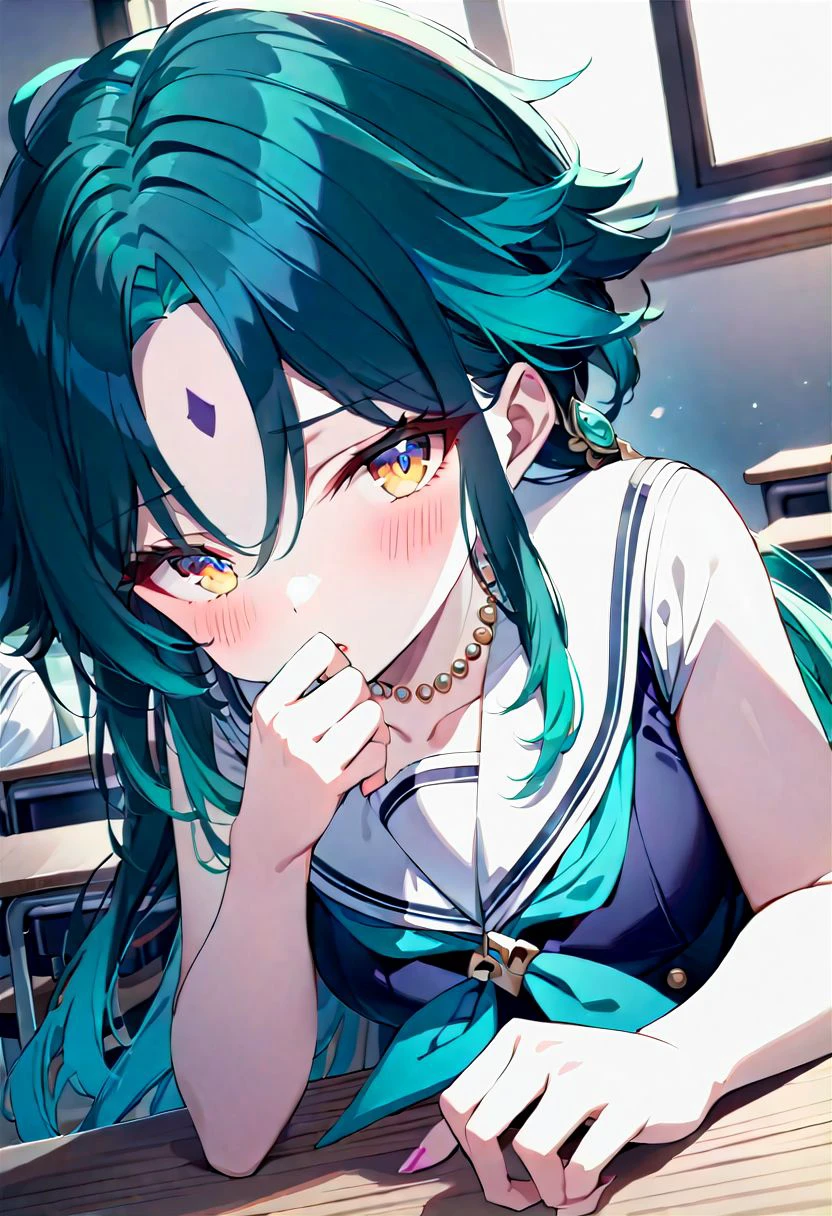 <lora:detail_fingers:1.6>,
(1girls, anime style, Xiao mtf, genderswap mtf, top down, classroom, blurred background), (school sailor uniform, teal hair, ombre hair, hand cover mouth, blush, shy), (purple forehead mark:1.2), (yellow eyes, bangs, jewelry necklace, green arm tattoo:1.1),
(detai_fingers:1.3), (detailed beautiful girls, detailed beautiful eyes, detailed beautiful hair:1.3),
(stunning quality, excellent quality, masterpiece, clear work, detailed work, meticulous work:1.45),