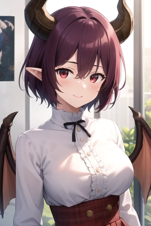 ((masterpiece)),(best quality),official art,extremely delicate and beautiful,extremely detailed CG,unity 8k wallpaper,ultra detailed,beautiful detailed eyes,extremely detailed face,outdoors,1girl,solo,upper body,(portrait:1.5),looking at viewer,facing viewer,smile,Grea(snb),Grea uniform,dragon girl,dragon horns,short hair,purple hair,pointy ears,hair between eyes,bangs,red eyes,white shirt,frilled shirt,center frills,long sleeves,large breasts,dragon wings,shirt tucked in,buttons,red skirt,high-waist skirt,pleated skirt,plaid skirt,dragon tail,zettai ryouiki,black thighhighs,loafers,brown footwear,<lora:Grea(snb)>,