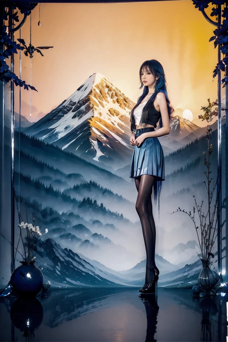 Landscape photography, HXZ, 1girl, solo, pantyhose, skirt, mountain, blue skirt, sleeveless, high heels, black pantyhose, long hair, black footwear, blue hair<lora:zhantai-HXZ:0.8>