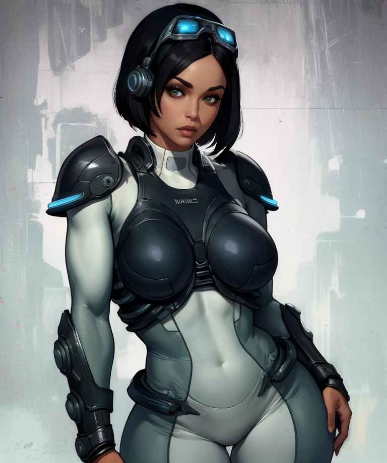 ghstsc,black hair,looking at viewer,short hair,dark skin,
bodysuit,armor,science fiction headpiece, curvy, toned,
military base,
(insanely detailed, masterpiece, best quality),<lora:GhostSC:0.8>,