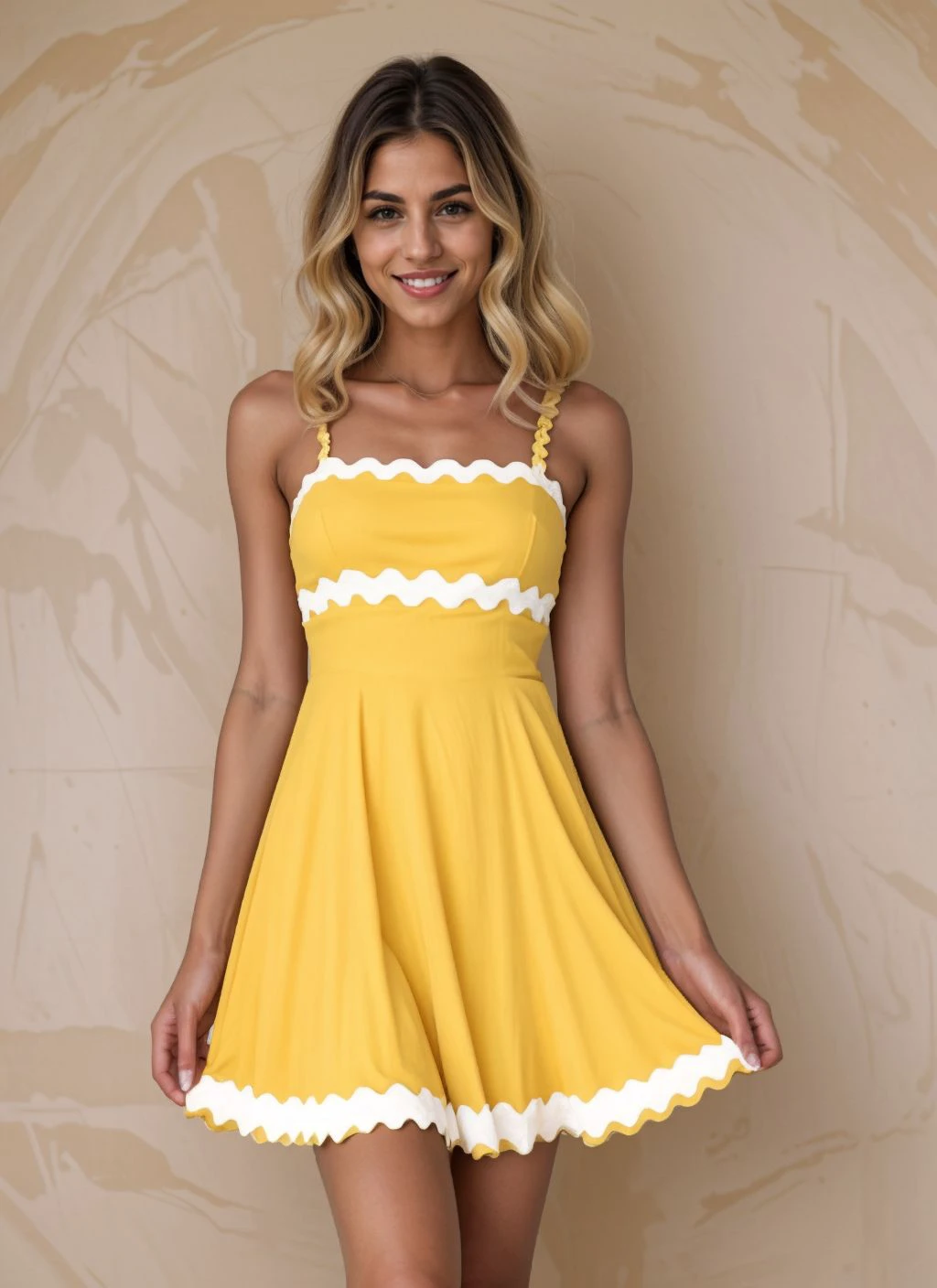 lunar base interior, photo of slim woman, wearing yellow wavy stripe sun dress, <lora:CrunchyBanana_Wavy_Stripe_Sun_Dress:0.9>, subtle smile