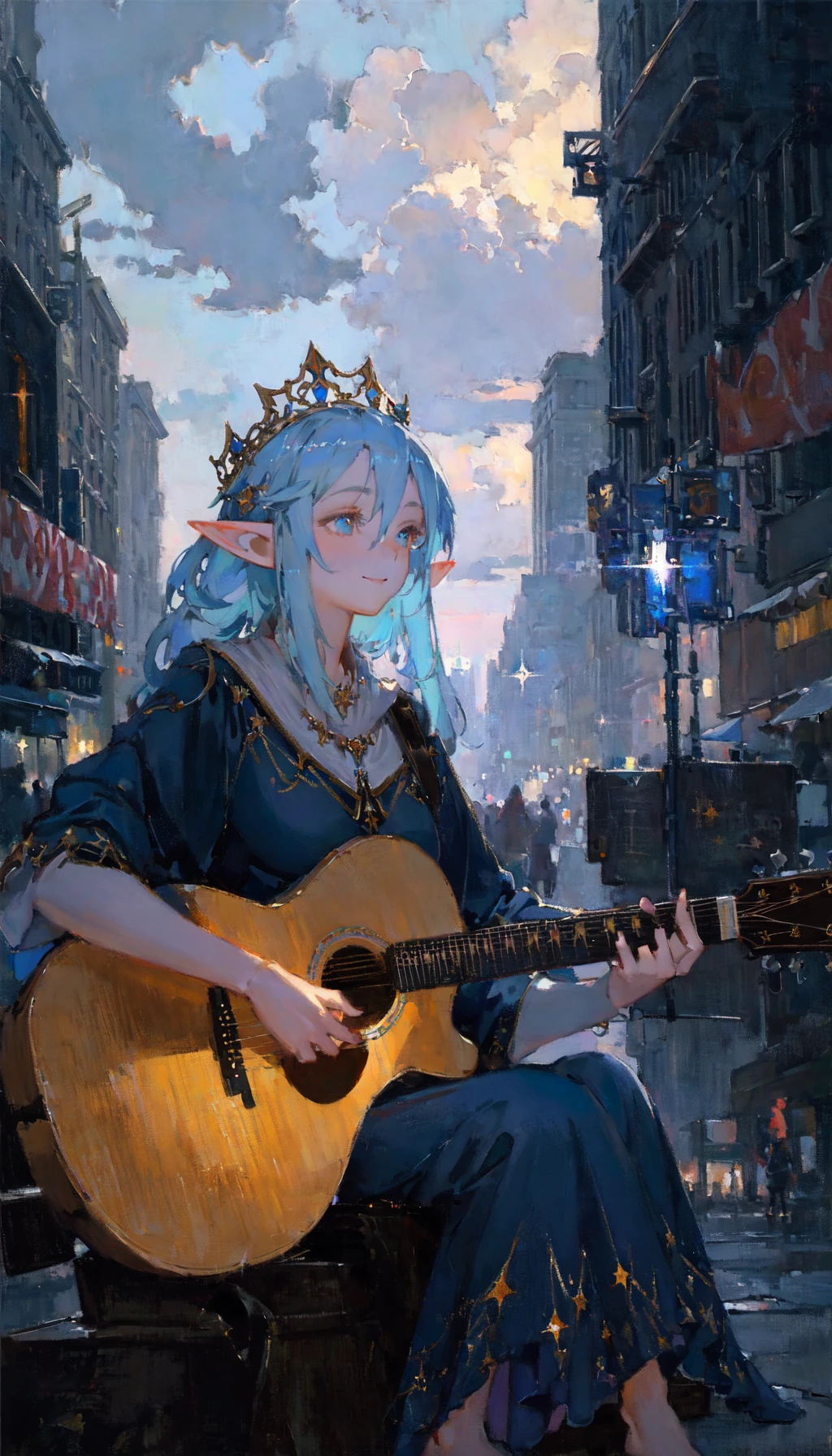 masterpiece, best quality, beautiful oil painting illustration, the cloud elf queen busks on the streets of new york, casual, sitting, playing guitar, portrait, dark moody lighting, night sky, night, starry sky, glittering, sparkle, dark, (smile:0.8)