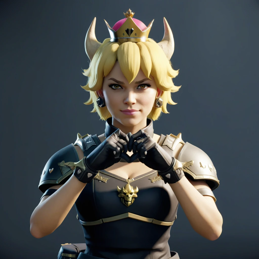 Helldivers, Bowsette wearing helldivers female armor, fist over heart salute, blonde hair, crown, horns, breasts