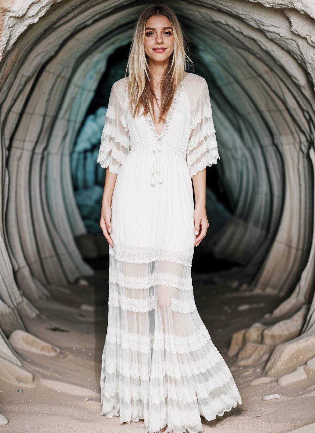enchanted cave with glowing crystals, photo of slim woman, wearing white sheer boho maxi dress, <lora:CrunchyBanana_Sheer_Boho_Maxi_Dress:1>, subtle smile, subsurface scattering