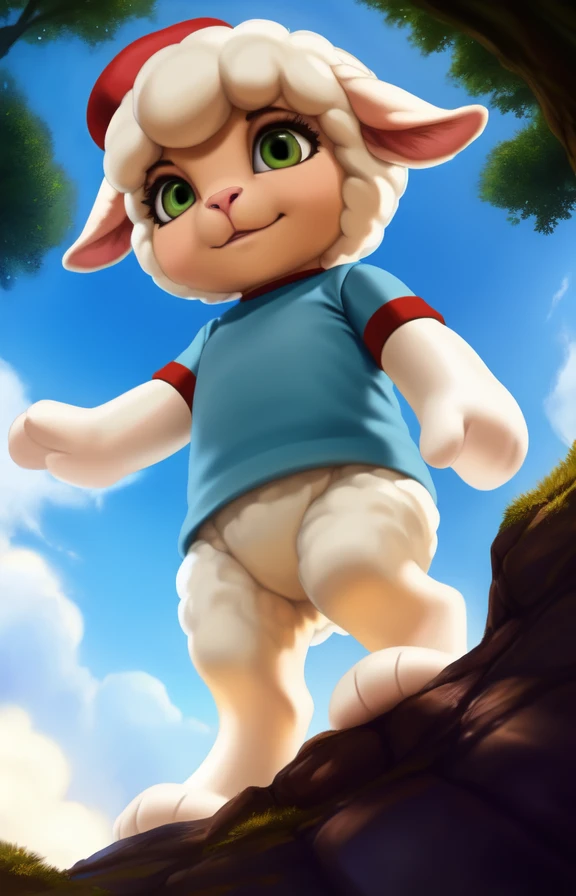 CloudMarshmallowTimes <lora:CloudMarshmallowTimes:1> [Forest, path, trees, sky clouds, mountains,]  red beret hat, elbow-length T-shirt, Blue T-shirt with red sleeves, sheep
textured fur, solo,  looking at viewer, to his full height,  (beautiful, aesthetic, perfect, delicate, intricate, masterpiece, )  chibi,  ( worm's-eye view, looking down,  ass,   standing , looking down at viewer, low-angle view, )
by silgiriya mantsugosi, [[detailed Chunie lighting ]], [by personalami0.2], by cynicalstarr,
