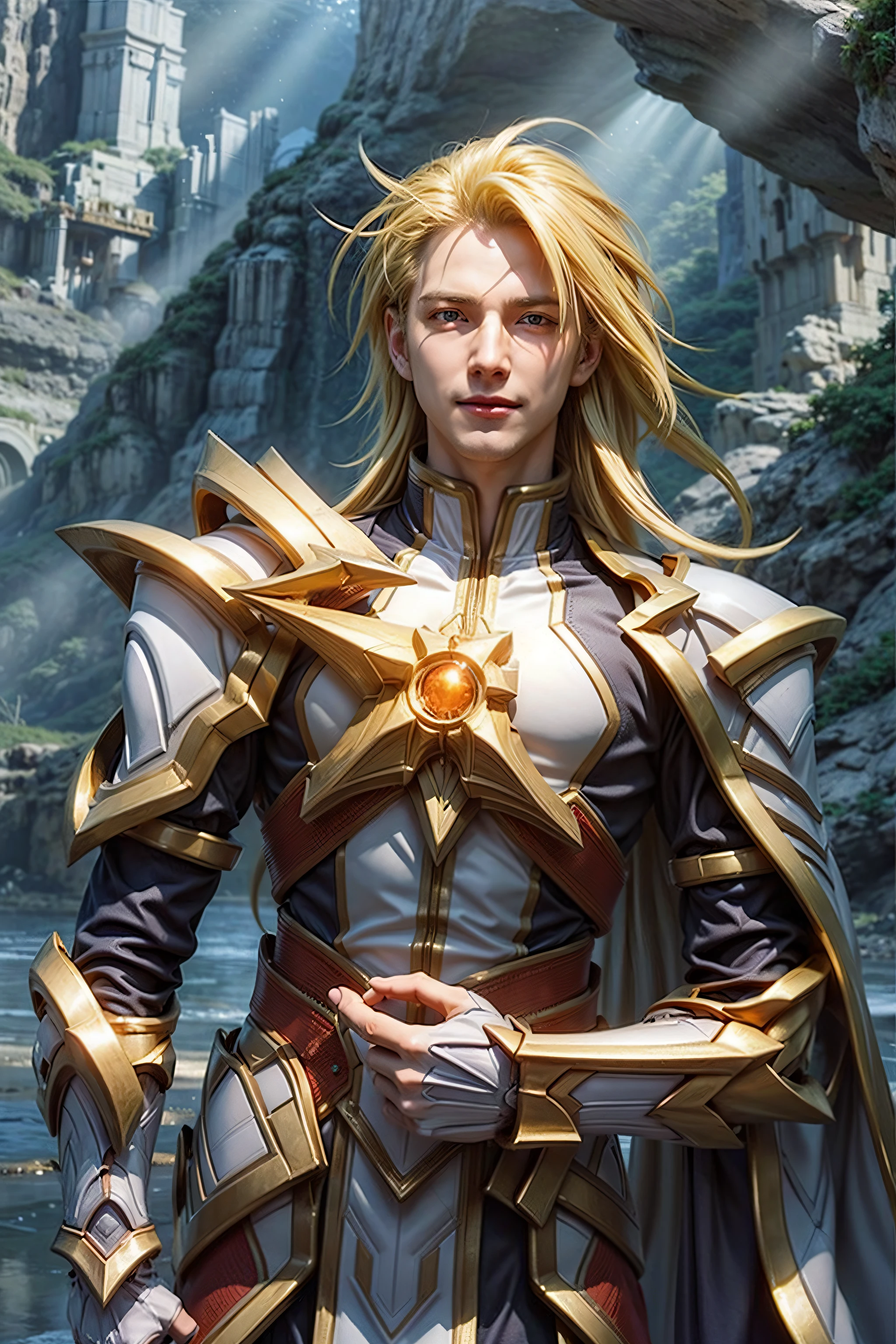 <lora:Yorn_AoV:0.8>, vn, Yorn Normal, solo, (1boy:1.4), long hair, blonde hair, shiny, shiny hair, male focus, yellow eyes, glowing, glowing eyes, looking at viewer, closed mouth, smile, cape, armor, breastplate, shoulder armor, long sleeves, gauntlets, gloves, pants, black pants, boots, armored boots, white footwear, pauldrons, cowboy shot, <lora:add_detail:1>, outdoors, water, sunlight, building, scenery, light rays, architecture, sunbeam, bridge, east asian architectur