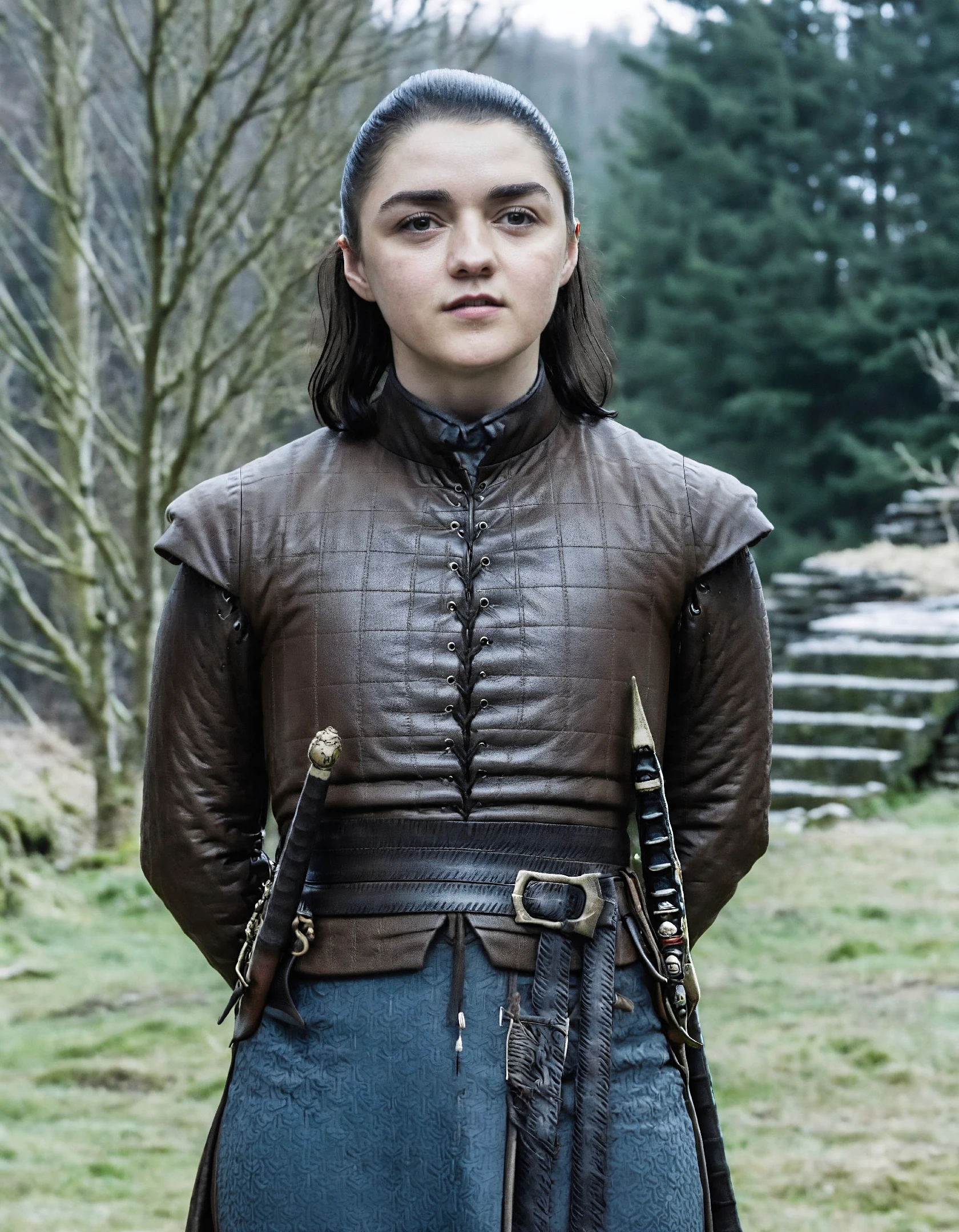 high resolution photo of ar1ast4rk woman,(full body shot:1.2),her is brown and slicked back,she is wearing season8 outfit,the shot is cinematic,standing outside with arms behind her back