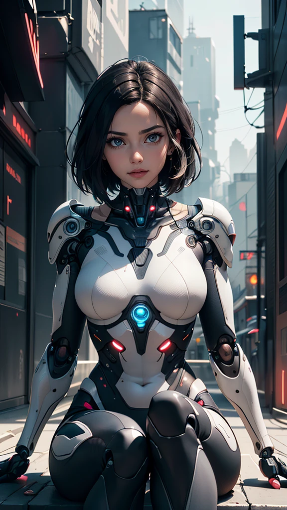 (best quality, masterpiece, colorful, highest detailed) upper body photo, fashion photography of cute (Battle Angel Alita), mechanical arms, detailed cyborg body, glowing body parts, sitting, perfect bobbed black hair, (ultra-detailed body), (light smile:0.3), softlight passing through hair, (distopian futuristic city beautiful background:1.3), (light:1.2), (dynamic angle), (intricate details), (dynamic angle), dark mood, dystopia