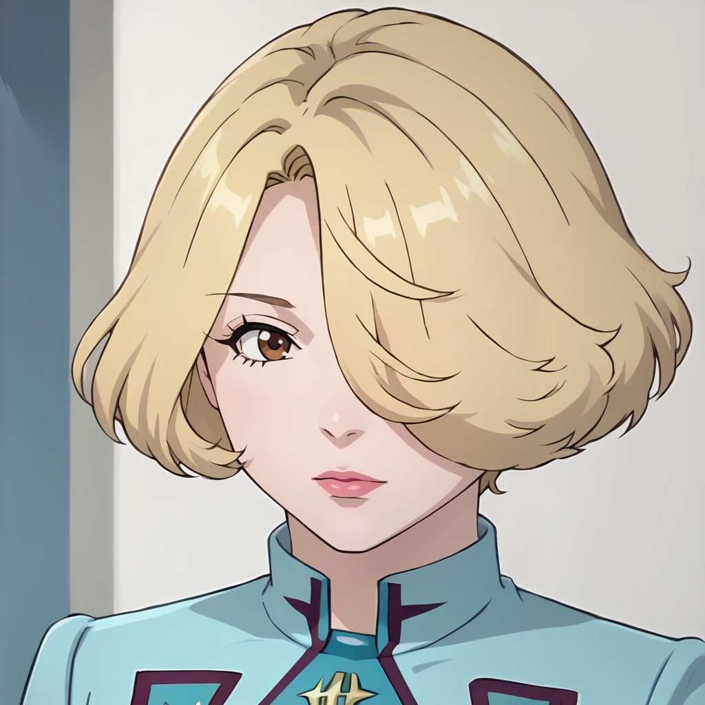 <lora:MaceFlowerXLpony001>,
solo,
MaceFlower,1girl,blonde hair,short hair,hair over one eye,brown eyes,
uniform,dress,blue jacket,cropped jacket,
close-up,