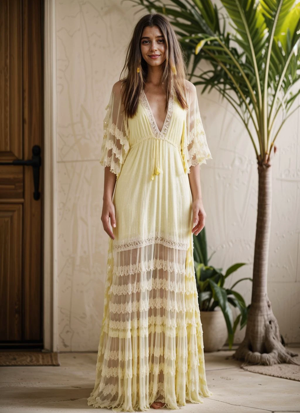 tropical paradise on an extraterrestrial moon, photo of slim woman, wearing yellow sheer boho maxi dress, <lora:CrunchyBanana_Sheer_Boho_Maxi_Dress:1>, subtle smile, subsurface scattering