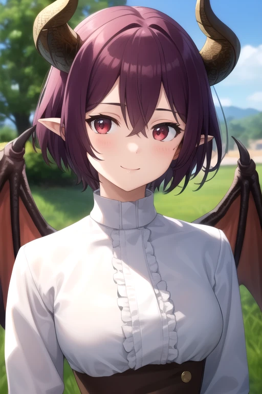 ((masterpiece)),(best quality),official art,extremely delicate and beautiful,extremely detailed CG,unity 8k wallpaper,ultra detailed,beautiful detailed eyes,extremely detailed face,outdoors,1girl,solo,upper body,(portrait:1.5),looking at viewer,facing viewer,smile,Grea(snb),Grea uniform,dragon girl,dragon horns,short hair,purple hair,pointy ears,floating hair,hair between eyes,bangs,red eyes,white shirt,frilled shirt,center frills,long sleeves,large breasts,dragon wings,shirt tucked in,buttons,red skirt,high-waist skirt,pleated skirt,plaid skirt,dragon tail,zettai ryouiki,black thighhighs,loafers,brown footwear,<lora:Grea(snb)>,