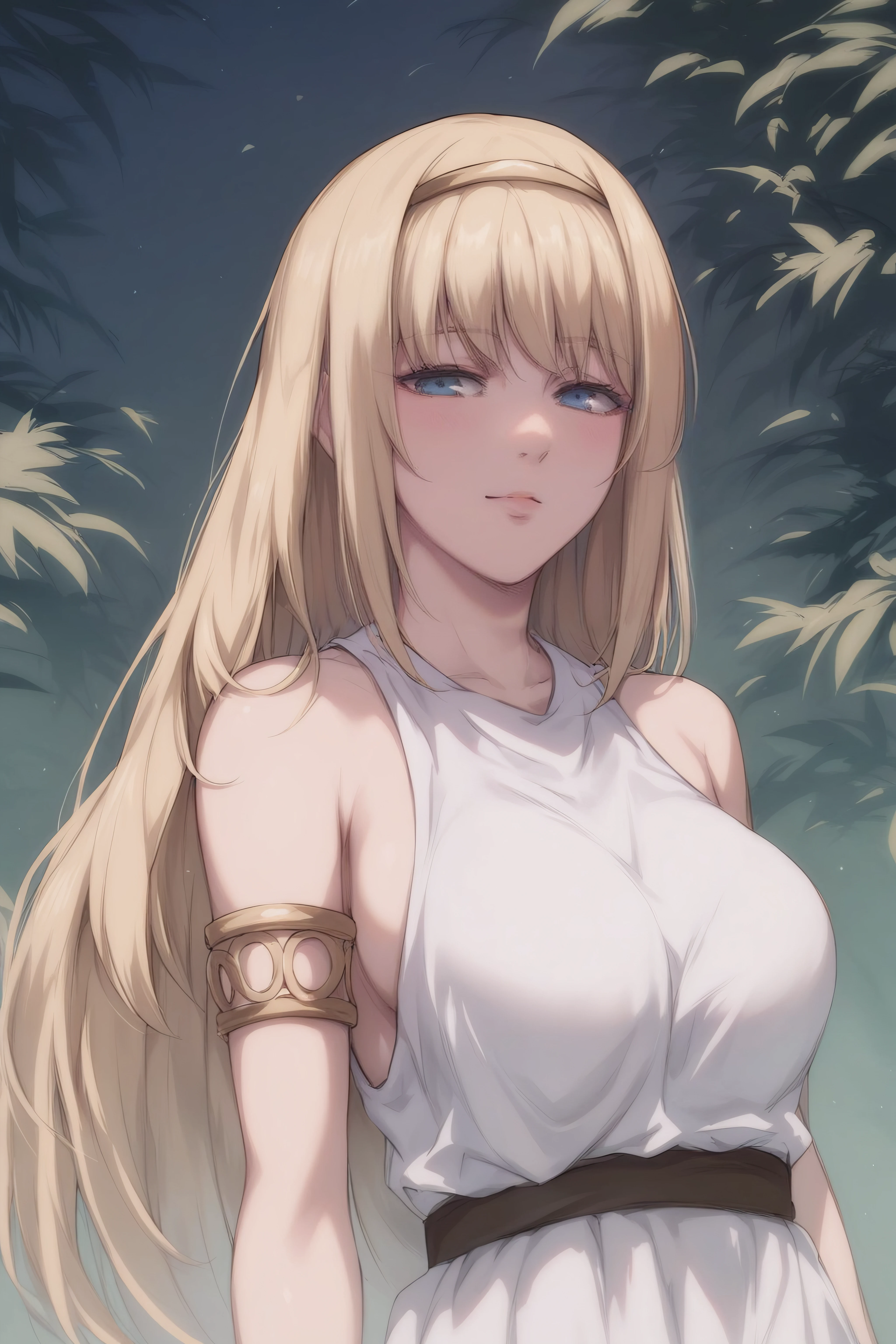 score_9, score_8_up, score_7_up, BREAK source_anime, ymir fritz, blue eyes, blonde hair, long hair, medium breasts, armlet, bare shoulders, hairband, long white tunic,