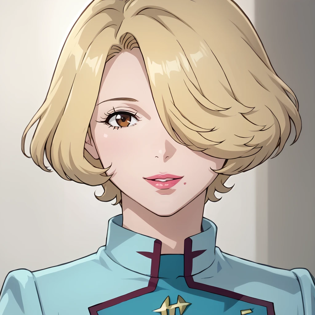 <lora:MaceFlowerXLpony001>,smile,parted lips,
solo,
MaceFlower,1girl,blonde hair,short hair,hair over one eye,brown eyes,
uniform,dress,blue jacket,
close-up,