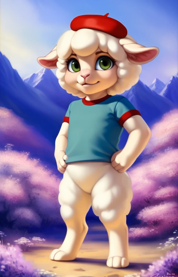 CloudMarshmallowTimes <lora:CloudMarshmallowTimes:1> [Forest, path, trees, sky clouds, mountains,]  red beret hat, elbow-length T-shirt, Blue T-shirt with red sleeves, sheep
textured fur, solo,  looking at viewer, to his full height,  (beautiful, aesthetic, perfect, delicate, intricate, masterpiece, )  chibi,  (Hands on hips, standing,)
by silgiriya mantsugosi, [[detailed Chunie lighting ]], [by personalami0.2], by cynicalstarr,