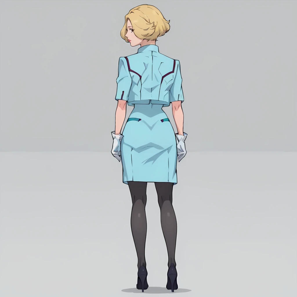 <lora:MaceFlowerXLpony001>,
solo,
MaceFlower,1girl,blonde hair,short hair,hair over one eye,brown eyes,
uniform,dress,blue jacket,cropped jacket,
white gloves,
tight skirt,blue skirt,black pantyhose,
high_heels,
full body,standing,looking back,