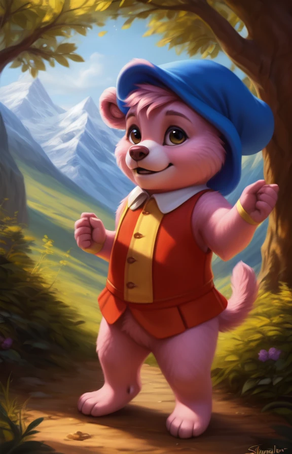 CubbiGummiCartoon  <lora:CubbiGummiCartoon:0.75>  Blue hat, feather on hat with button, Red-yellow blouse,, pink wool, chibi, baby, child, bear smal tail, without pants,
[Forest, path, trees, sky clouds, mountains,] textured fur, solo,  looking at viewer, to his full height,  boy male,  wristband on the tail,
by silgiriya mantsugosi, [[detailed Chunie lighting ]], [by personalami0.2], by cynicalstarr,