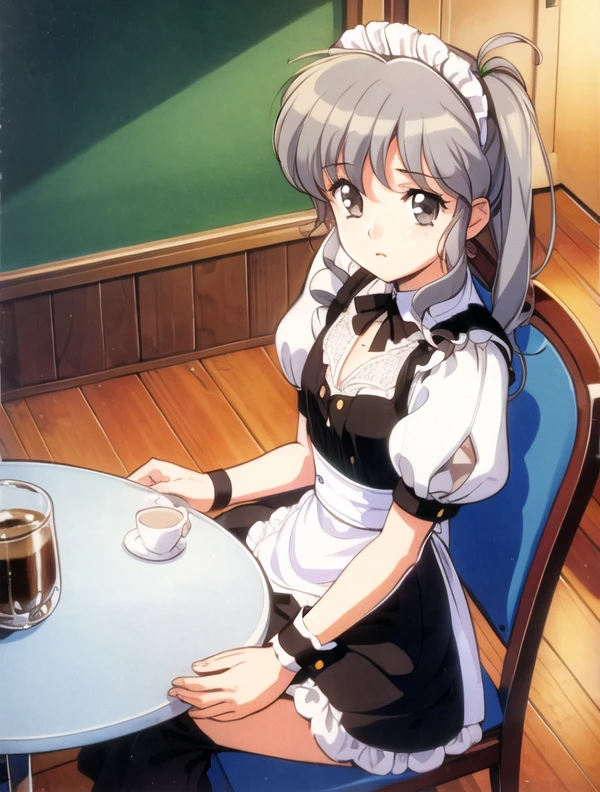 <lora:Sonshitsuv2:0.5> sonshitsu,1 girl, grey hair, grey eyes, ahoge, side ponytail, maid , chest ribbon , chair, sitting, coffee, cafe, 1980s \(style\) - 80s , retro artstyle,