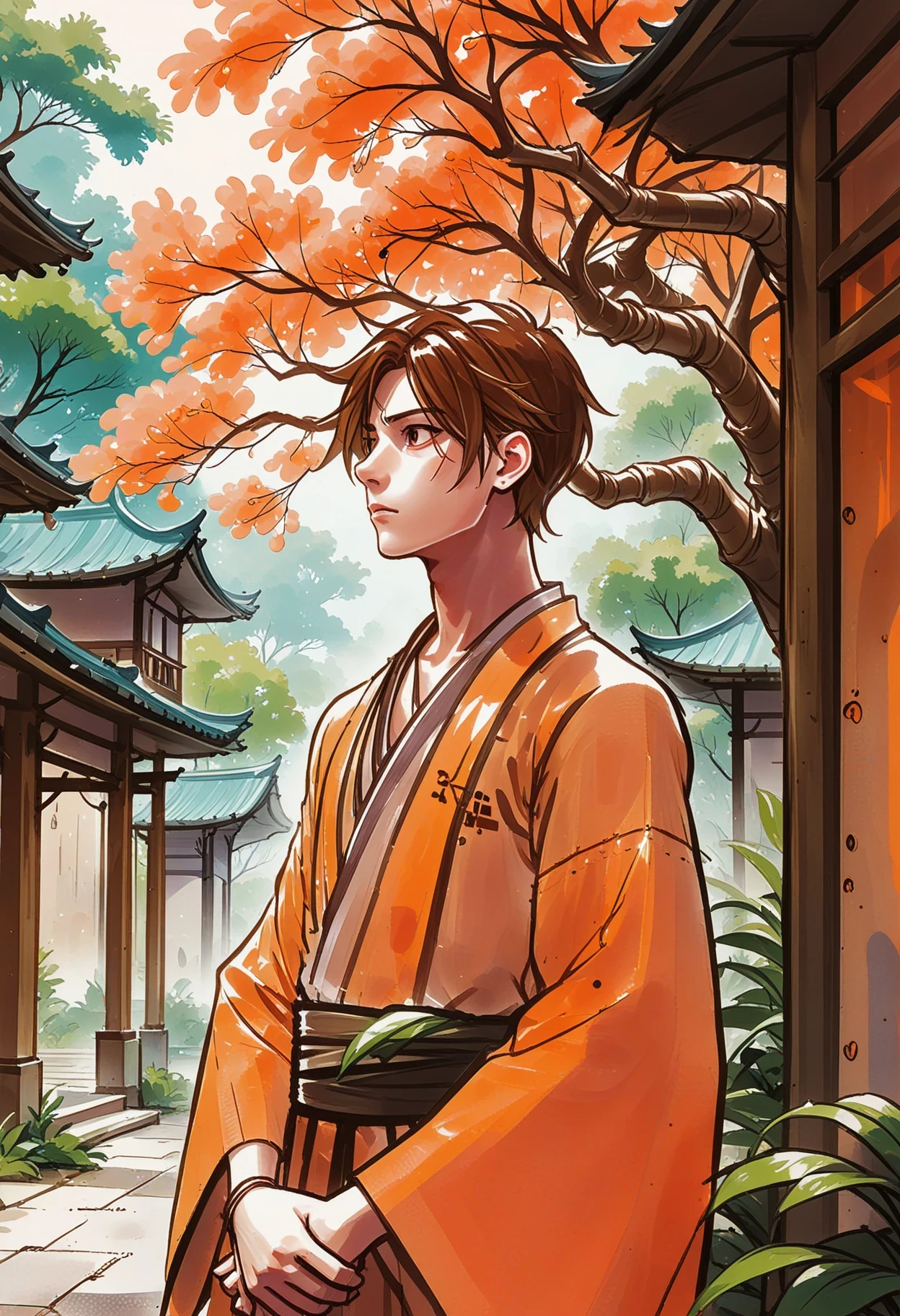 anime style, (full body:1.2), 1boy, man, ruggedly handsome, solo, [:epic costume design,:0.2] monk, sienna kimono, caucasian, brown hair, (solid:1.2) build, Meditation and Prayer Halls room in a lush, cheerful scifi town outside of the multiverse. Draw inspiration from frugal bud. Use a vibrant, warm color palette consisting of burnt orange, soft peach, pale blue, and leafy green, evoking feelings of tranquility and harmony. Create a dynamic composition with sweeping lines and bold, clean shapes that give the image a sense of movement and energy. The character should be depicted in a powerful, balanced stance, his eyes closed in concentration and meditation. The background should feature elements of nature, such as trees and plants, intertwined with futuristic technology and architectural details that create a utopian atmosphere.