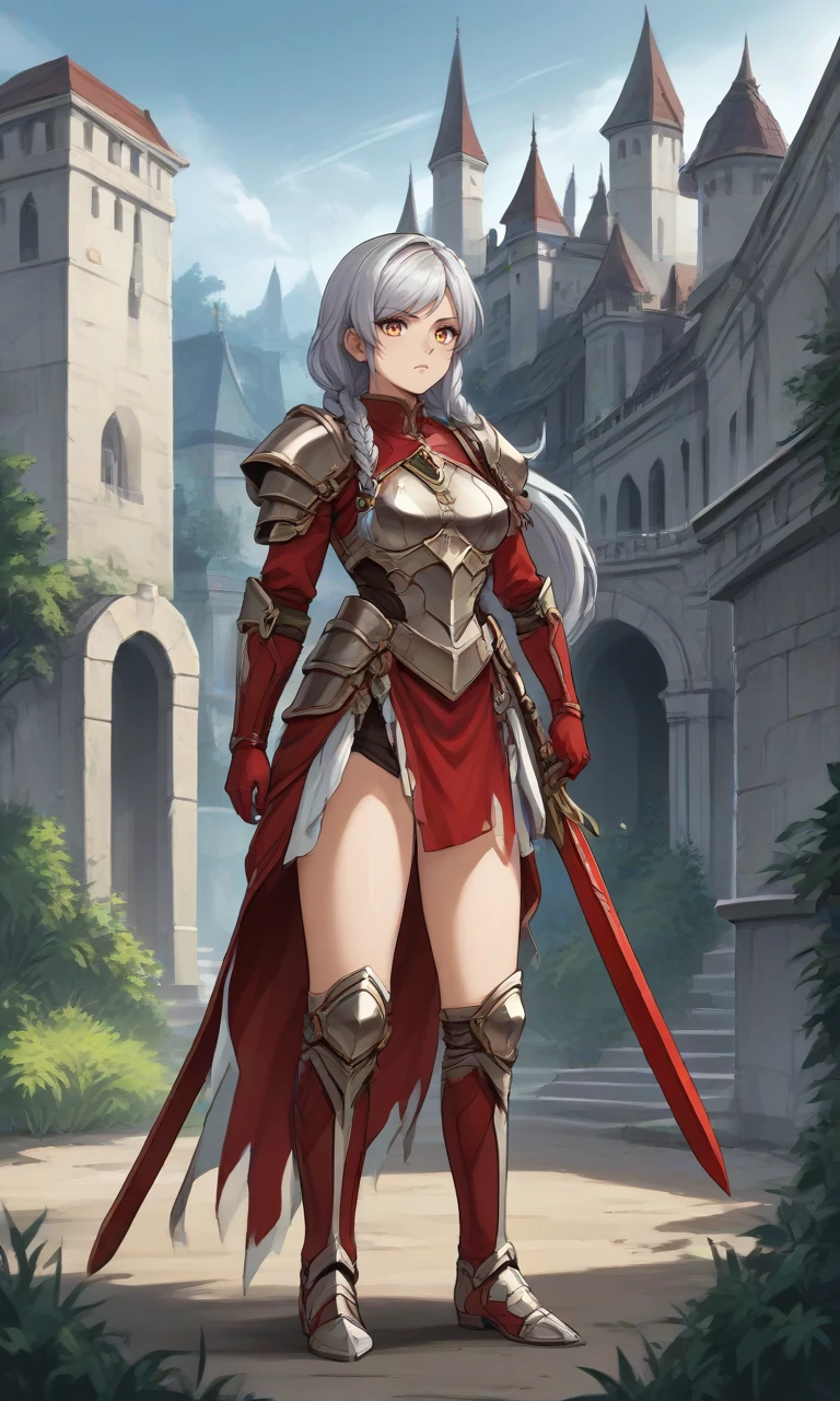 score_9, score_8_up, score_7_up, score_6_up, score_5_up, score_4_up, source_anime, BREAK, 1girl, silver hair, long hair, twin braids, swept bangs, yellow eyes, (leg armor:1.1), white armor, jewelry, chest jewel, red gloves, standing, serious, sword, outdoors, castle, architecture, european architecture, <lora:PonyOldSchoolV2-08:1>