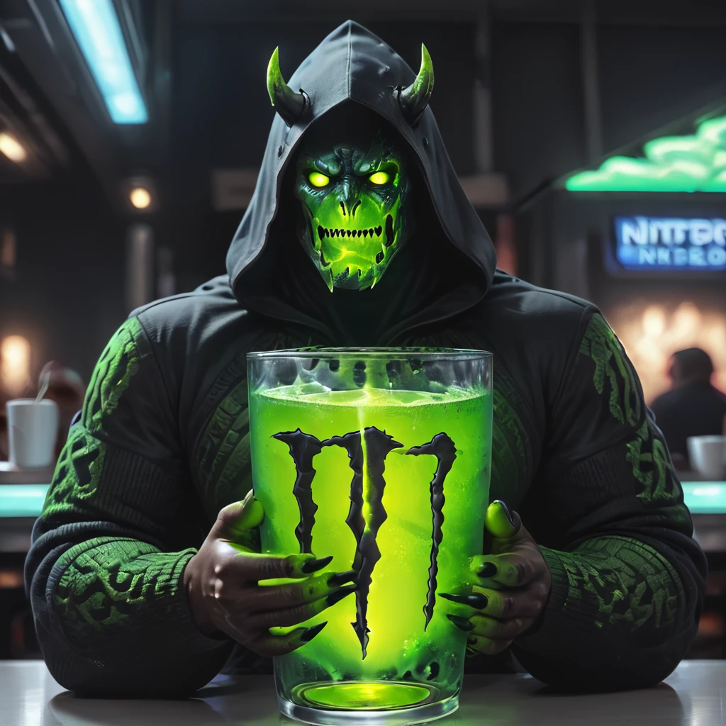 score_9, score_8_up, score_7_up, score_6_up, score_5_up, score_4_up,  <lora:MonsterNitroPony:0.8>,NitroEnergy,solo,holding,cup,1man,wearing dark hood,dark backround,huge glowing green glass cup in the midle of the table,holding cup with both hands,long dark demon fingers,dark hands,