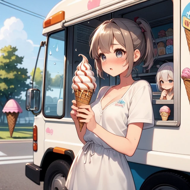 (((masterpiece))), (((best quality))), (((2girls))), (((ice cream truck))), (((clerk's hand holding a ice cream))), (((watering))), (((dripping))), ((splash)), (baseball cap), tied shirt, denim shorts, parted lips, drooling, sweat, park, playground, twilight, lamppost, short dress, collarbone, cleavage, (big tits), ribbon, (gray long hair), brown ponytail, short hair, sweat, shy, blush, slim figure, <lora:girllikeicecreamtruck:0.9>