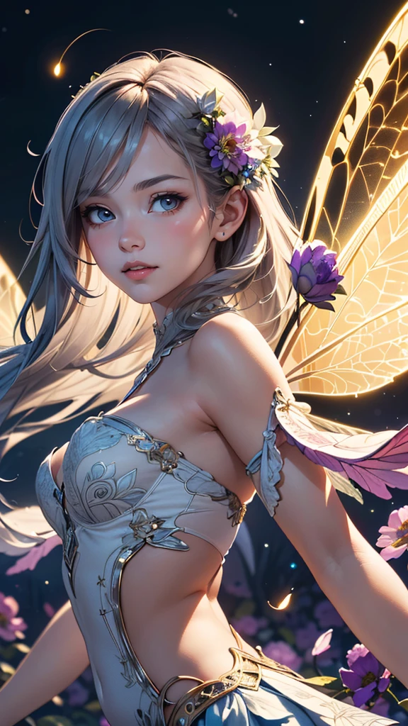 (best quality, masterpiece, colorful, highest detailed) upper body photo, fashion photography of cute (****ung, fairy girl:1.3), pale skin, 18yo, with 6 big high detailed dragonfly wings, very slim, skinny, (fractal art:1.1), (colorful:1.1), (flowers:1.3), (zentangle:1.2), (ultra-detailed body), (light smile:0.3), (night beautiful background:1.3), (many colors:1.4), flowers, enchanted forest, fireflies, soft light passing through hair, (official fractal art), (intricate details), (dynamic angle)