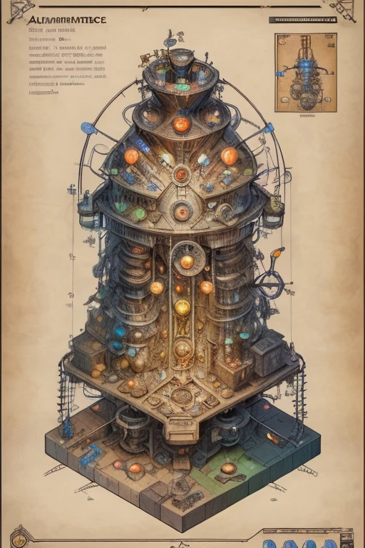 isometric diagram annotated highly detailed mechanical rube-goldberg machine, alchemy and science, cluttered workspace wires and glowing electric parts, inscrutable machinery