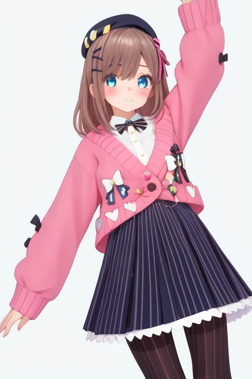 1girl, solo, masterpiece, <lora:szhrv1:0.925>, suzuhara lulu, beret, pink cardigan, white shirt, vertical-striped skirt, black pantyhose, striped pantyhose