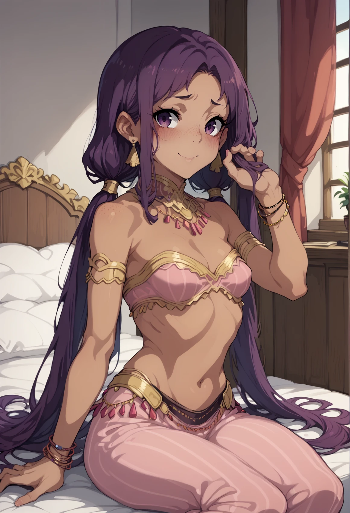 <lora:IshtarDanmachi-01:0.7>, 1girl, dark skin, brown eyes, long hair, purple hair, side swept bangs, navel, red dress, loincloth, pelvic curtain, topless, jewelry, anklet, bangle, barefoot, bracelet, necklace, hands behind head, arms up, indoor, bedroom, on bed, smile, grin