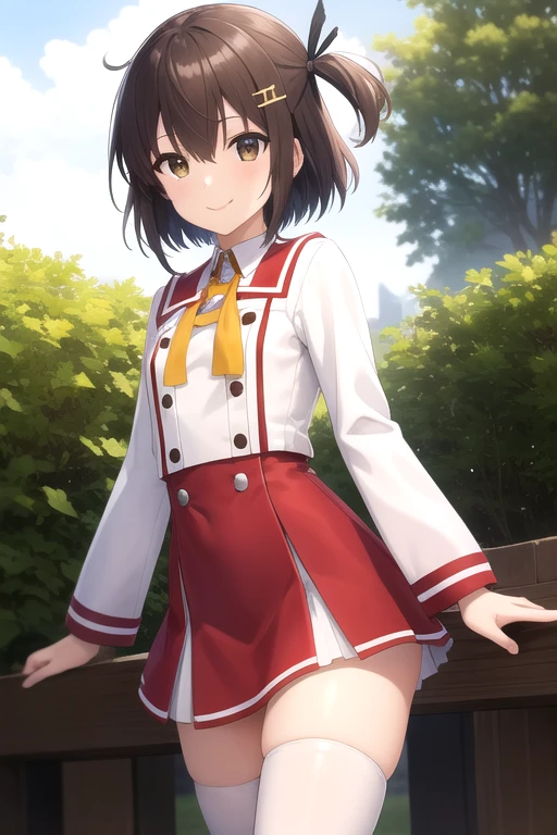 ((masterpiece)),(best quality),official art,extremely delicate and beautiful,extremely detailed CG,unity 8k wallpaper,ultra detailed,beautiful detailed eyes,extremely detailed face,outdoors,1girl,solo,cowboy shot,looking at viewer,facing viewer,(petite:1.2),smile,Etou Kanami(tnm),Etou Kanami uniform,short hair,brown hair,one side up,hair intakes,black hair ribbon,hair ornament,hair between eyes,bangs,brown eyes,red sailor collar,yellow neck ribbon,white shirt,collared shirt,long sleeves,tassel,double-breasted,small breasts,miniskirt,red skirt,pleated skirt,zettai ryouiki,white thighhighs,sneakers,white footwear,<lora:Etou Kanami(tnm)>,