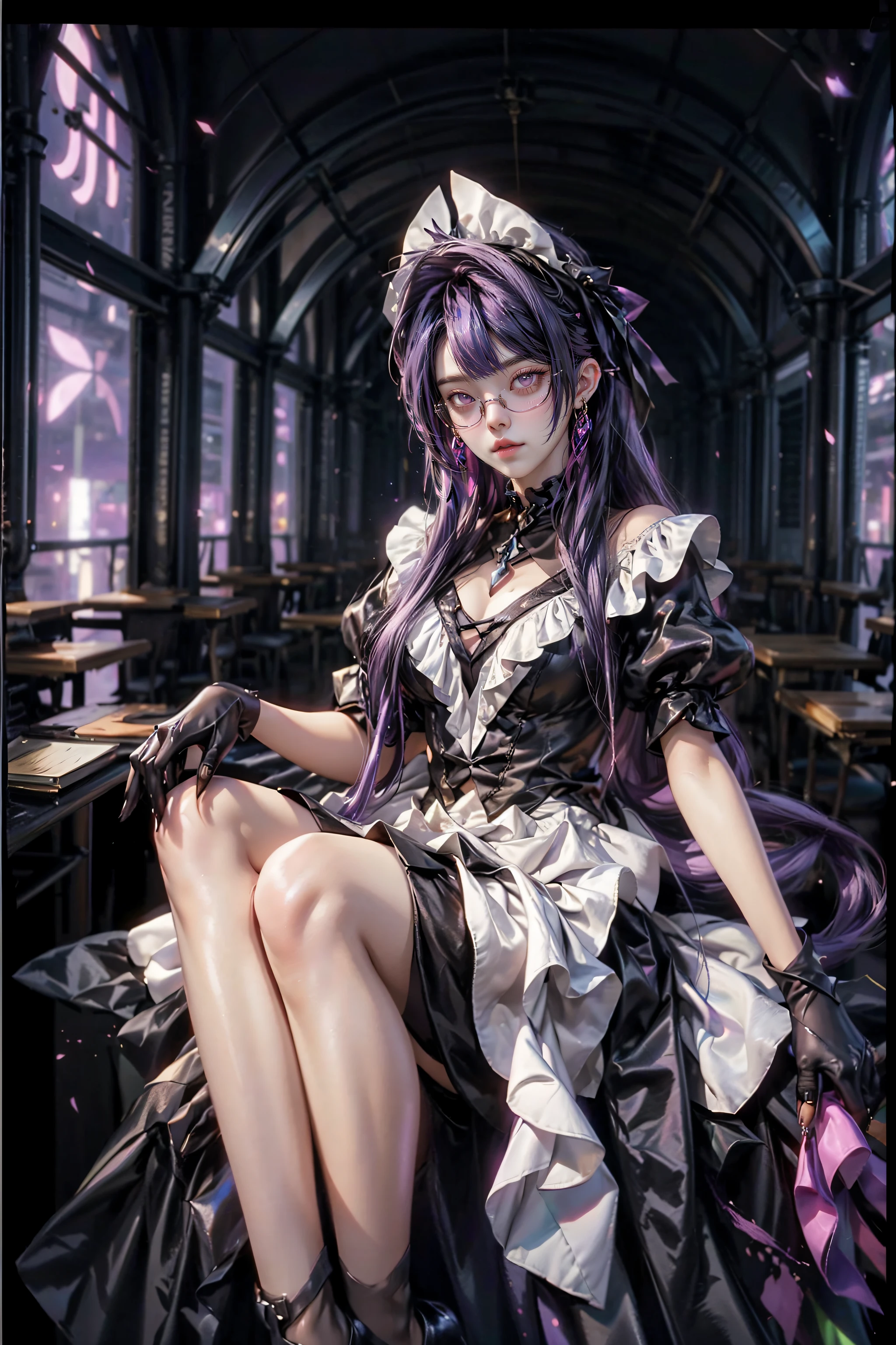 <lora:adb_maid:0.8>, adb_maid, 1girl, solo, long hair, bang, simple background, gloves, hat, dress, long dress, bow, purple hair, short sleeves, black gloves, puffy sleeves, black footwear, black dress, high heels, skirt, long skirt, maid outfit, (photorealistic:1.4), outdoors, sky, blurry, tree, night, cherry blossoms, building, scenery, sign, road, torii, neon lights, glasses, <lora:add_detail:1>, <lora:kda_v3:0.4>