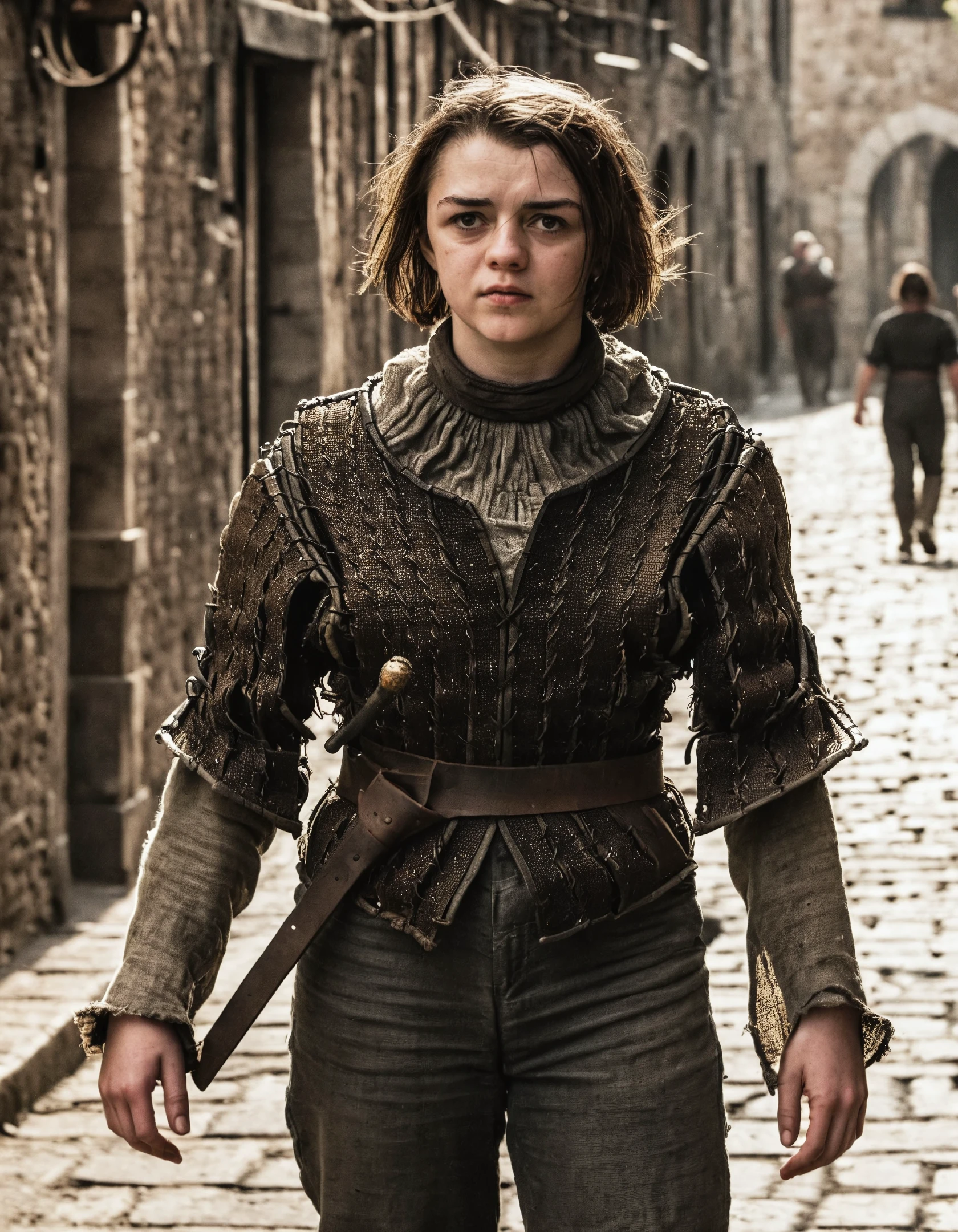 high resolution photo of ar1ast4rk woman,full body shot,her hair is brown and medium length,she is wearing leather armor,the shot is cinematic,she is outdoors in the middle of a medieval street