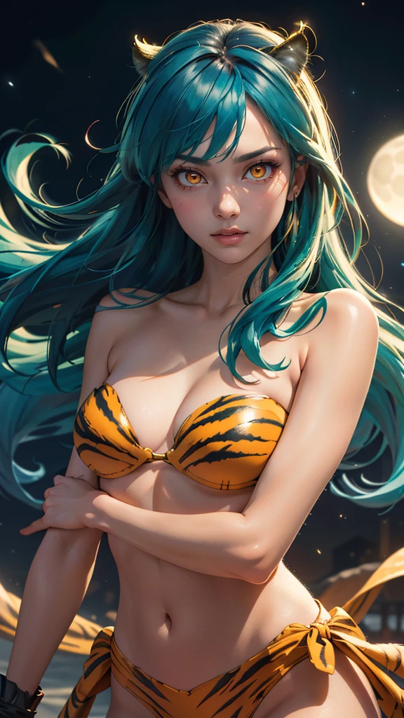 (best quality, masterpiece, colorful, dynamic angle, realistic)\Lum\, upper body photo, fashion photography of cute, intense long green hair, orange eyes, tiger print, strapless bikini, yellow boots, yellow little horns, small horns, \Lum\, <lora:lum4:0.6> (ultrahigh resolution textures), in dynamic pose, bokeh, (intricate details, hyperdetailed:1.15), moonlight passing through hair, perfect night, (fantasy background), (official art, extreme detailed, highest detailed), HDR+