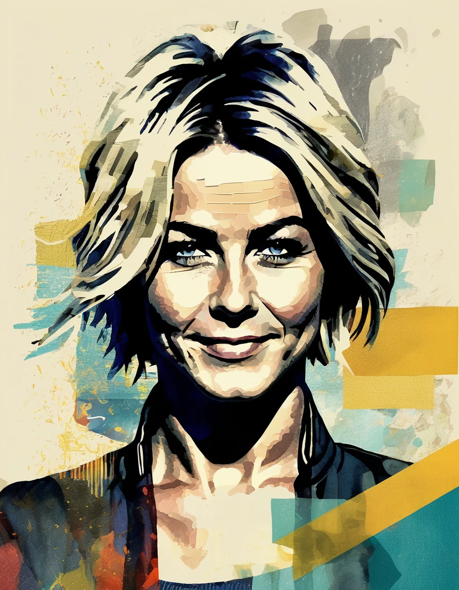 <lora:Julianne Hough V4-000006:1.0>,  collage style illustration of jlnnhghdws woman, slight smile, mixed media, layered, textural, detailed, artistic