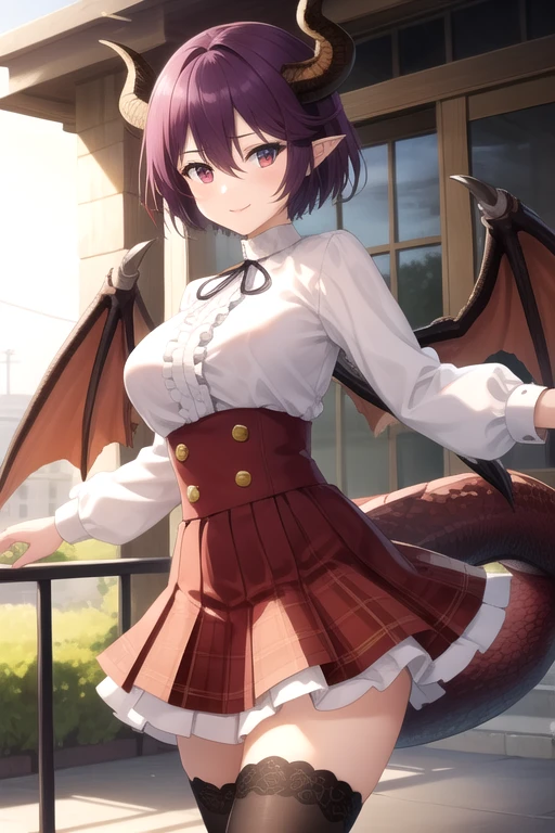 ((masterpiece)),(best quality),official art,extremely delicate and beautiful,extremely detailed CG,unity 8k wallpaper,ultra detailed,beautiful detailed eyes,extremely detailed face,outdoors,1girl,solo,cowboy shot,looking at viewer,facing viewer,smile,Grea(snb),Grea uniform,dragon girl,dragon horns,short hair,purple hair,pointy ears,floating hair,hair between eyes,bangs,red eyes,white shirt,frilled shirt,center frills,long sleeves,large breasts,dragon wings,shirt tucked in,buttons,red skirt,high-waist skirt,pleated skirt,plaid skirt,dragon tail,zettai ryouiki,black thighhighs,loafers,brown footwear,<lora:Grea(snb)>,