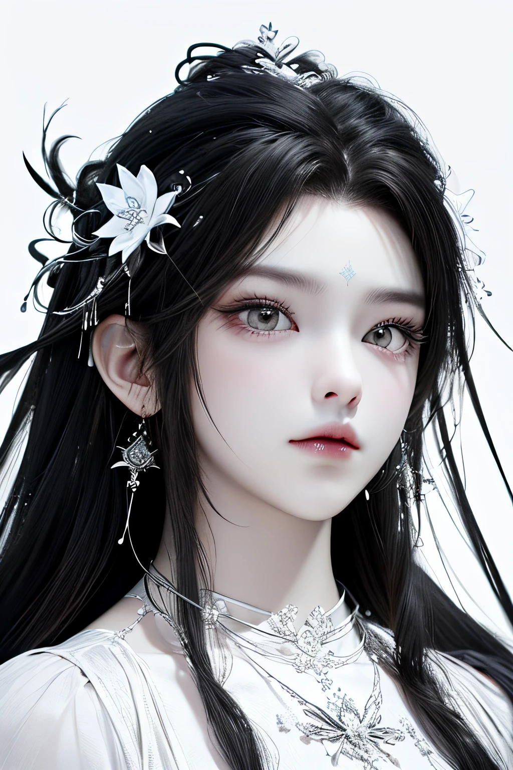 <lora:QingYiV2:0.8>,monochrome,
qingyi,1girl,hair ornament,jewelry,solo,black hair,earrings,long hair,(forehead mark:0.7),white background,(facial mark:0.7),flower,necklace,portrait,expressionless,hair flower,simple background,closed mouth,(monochrome:1.5),lineart,sketch,<lora:animeLineartMangaLike_v30MangaLike>,lineart,monochrome,<lora:give it a name:0.5>,, best quality , masterpiece, illustration, an extremely delicate and beautiful, extremely detailed ,CG,unity,8k wallpaper, Amazing, finely detail, masterpiece, best quality,official art,extremely detailed CG unity 8k wallpaper,absurdres, incredibly absurdres, huge filesize , ultra-detailed, highres, extremely detailed,beautiful detailed girl, extremely detailed eyes and face, beautiful detailed eyes,light on face,