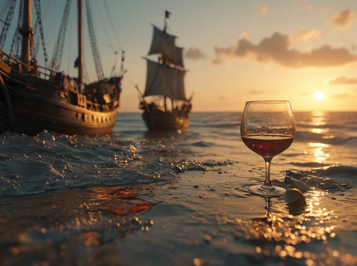 A wine glass laying on the floor,Out of the wine glass comes a raging ocean,with a pirate ship sailing it. 8k hyper realistic,splash of wine,sunset celestial