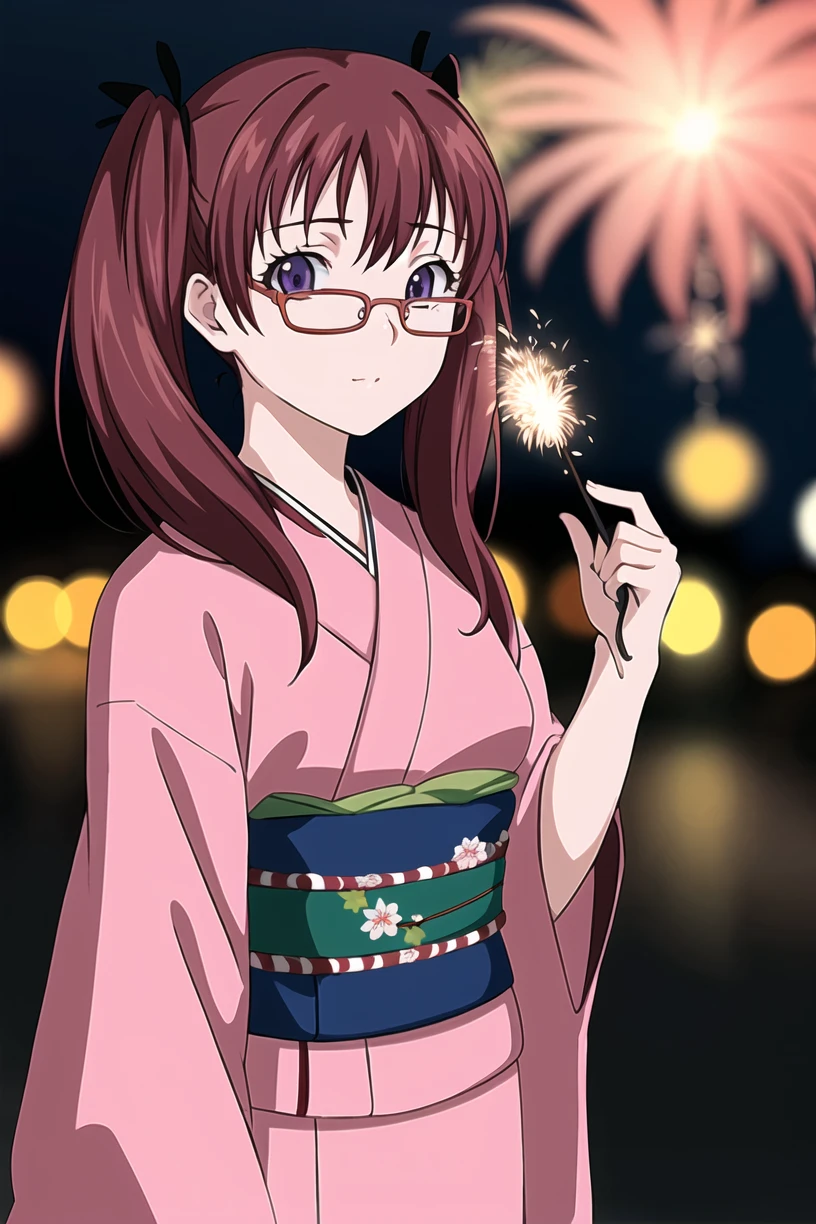 best quality,masterpiece,looking at viewer,absurdres,1girl,
depth of field,<lora:010-é£è½®å°å¹´-é山鿿ªV1-000010:0.7>,noyamano ringo,red hair,purple eyes,twintails,long hair,glasses,red-framed eyewear,Kimono, fireworks, hairpins