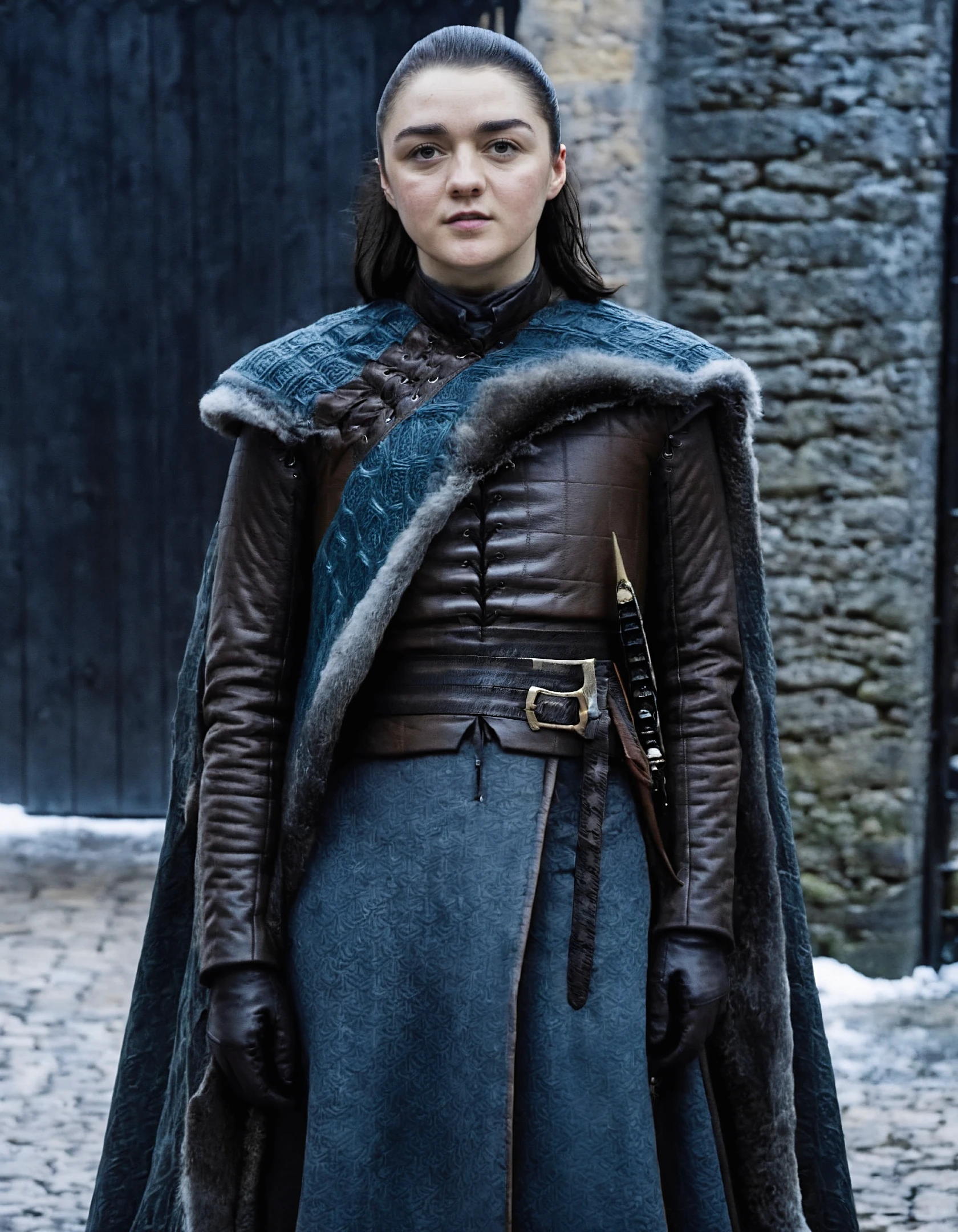 high resolution photo of ar1ast4rk woman,(full body shot:1.2),her is brown and slicked back,she is wearing season8 outfit with coat,the shot is cinematic,standing outside